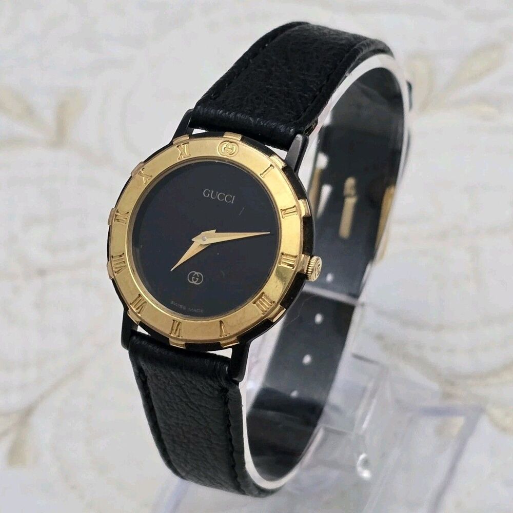 Vintage Gucci 3200L Women's Watch Gold Plated Roman Bezel Black Dial Swiss Made - Picture 1 of 7